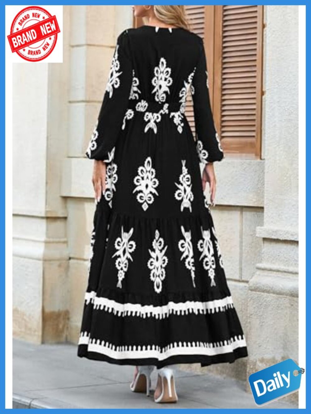 PRETTYGARDEN Women's Floral Boho Maxi Dress V-Neck Ruffle Long Sleeve - Picture 4 of 6